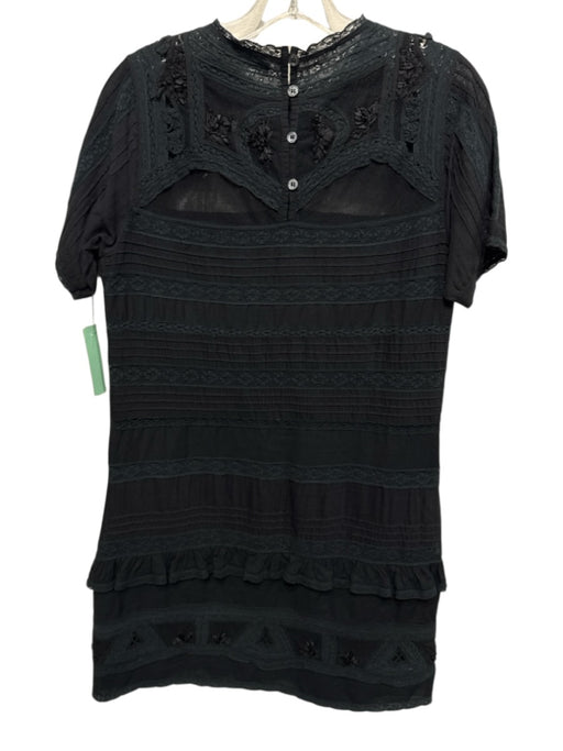Sea New York Size 2 Black Cotton Blend Short Sleeve Lace Trim Ruffles Dress Black / 2
