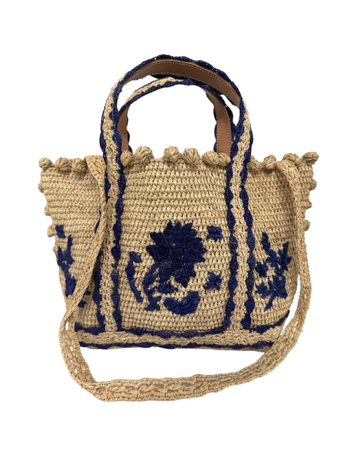 Vanessa Bruno Beige & Blue Straw Woven Floral Embroidery Shoulder Strap Bag Beige & Blue / Small