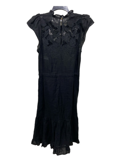 Ulla Johnson Size 8 Black Linen Embroidered Drawstring Waist Cap Sleeve Dress Black / 8