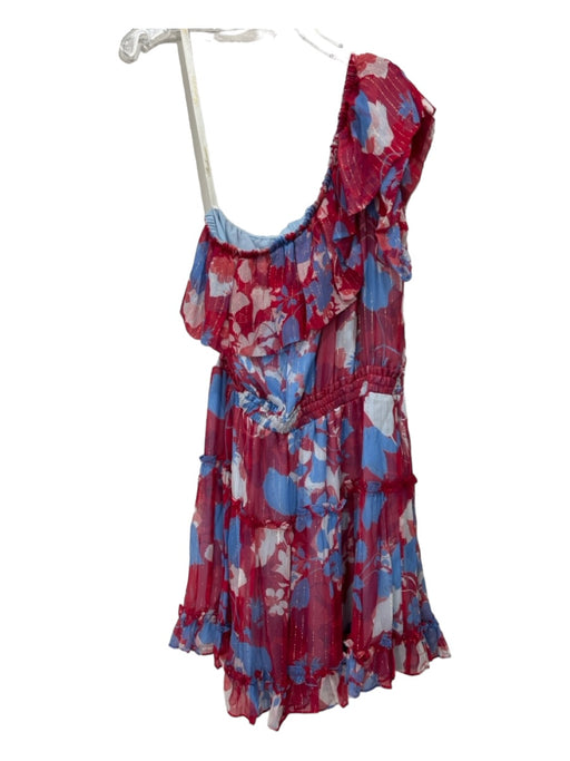 Shoshanna Size 10 Red & Blue Silk Blend Floral One Shoulder Pop Over Dress Red & Blue / 10