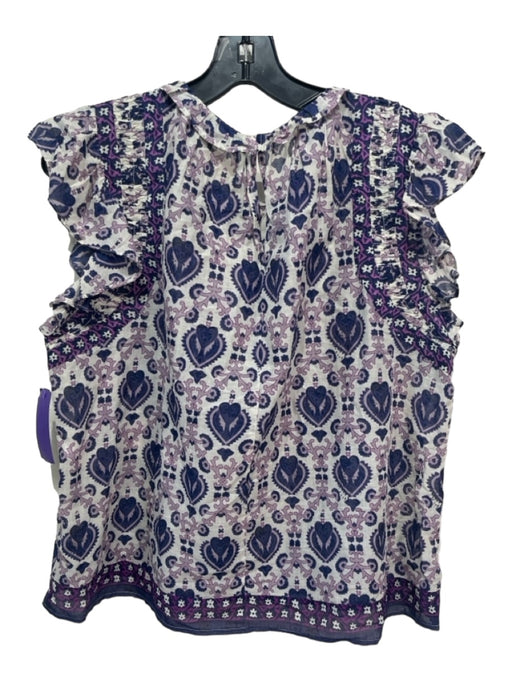 Sea New York Size M Purple & White Cotton Paisley Ruffle Neckline Semi Sheer Top Purple & White / M