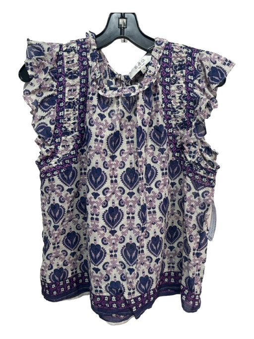 Sea New York Size M Purple & White Cotton Paisley Ruffle Neckline Semi Sheer Top Purple & White / M