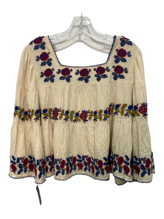 Sea New York Size L Beige Red Blue Silk Floral Embroidered Square Neck Top Beige Red Blue / L