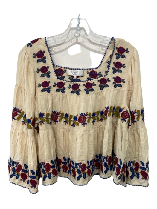 Sea New York Size L Beige Red Blue Silk Floral Embroidered Square Neck Top Beige Red Blue / L