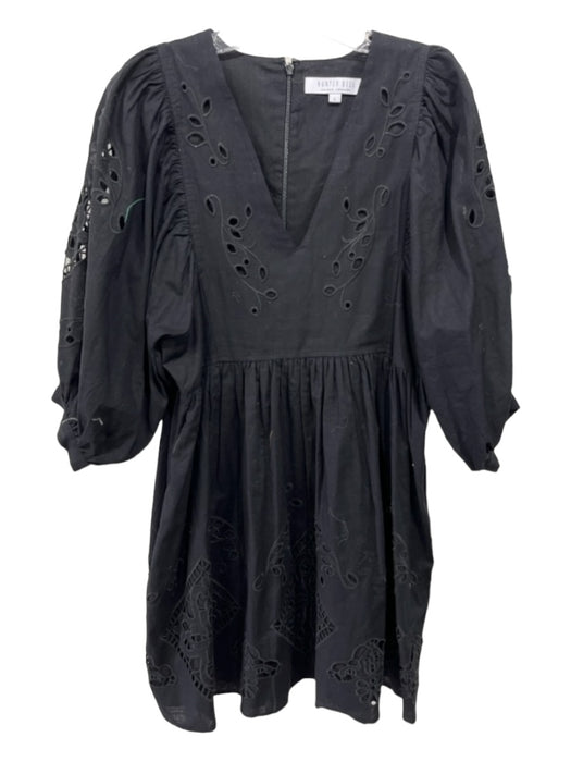 Hunter Bell Size L Black Cotton V Neck Eyelet Floral Puff 3/4 Sleeve Dress Black / L