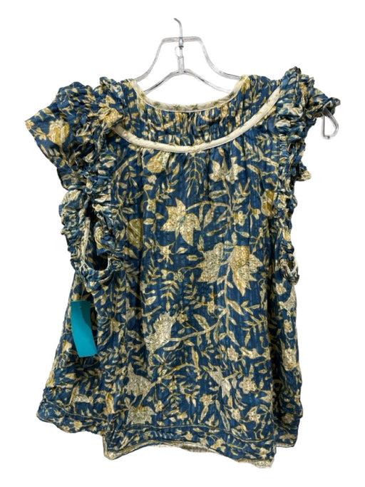 Ulla Johnson Size 8 Blue & Beige Cotton Blend Ruffle Cap Sleeve Floral Top Blue & Beige / 8