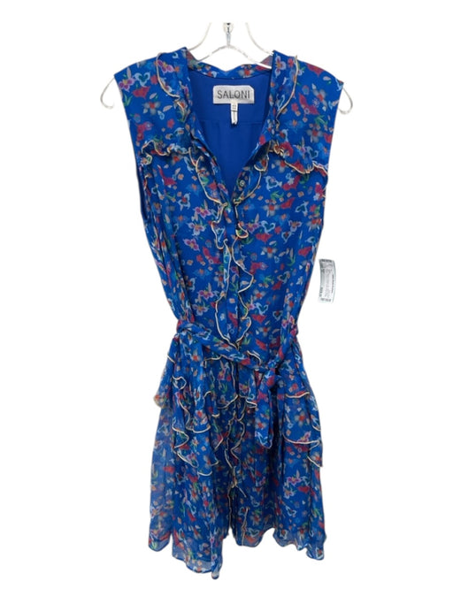 Saloni Size 10 Blue, Yellow & Orange Silk Sleeveless Floral V Neck Dress Blue, Yellow & Orange / 10