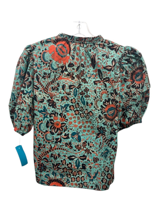 Ulla Johnson Size 10 Green, Black & Orange Cotton Short Balloon Sleeve Top Green, Black & Orange / 10