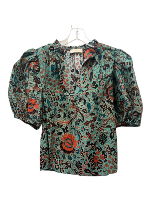 Ulla Johnson Size 10 Green, Black & Orange Cotton Short Balloon Sleeve Top Green, Black & Orange / 10