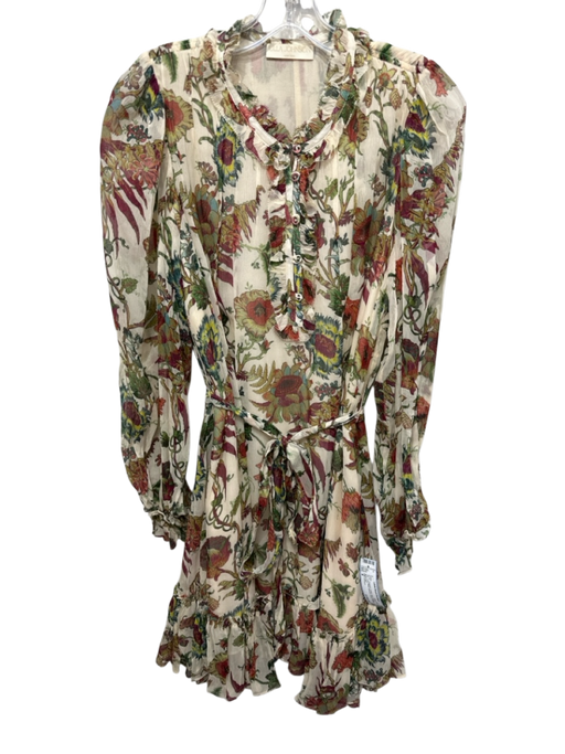 Ulla Johnson Size 8 Cream, Red, Green Silk Long Sheer Sleeves Floral Dress Cream, Red, Green / 8