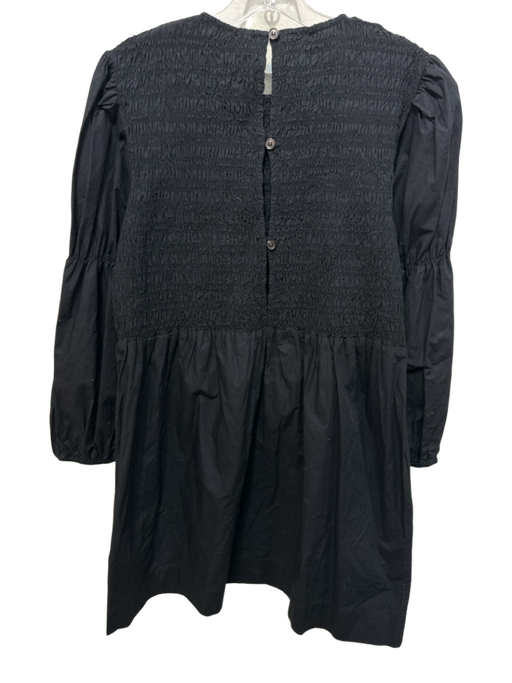 Ganni Size 6 Black Poplin Cotton Long puff sleeve smocked Back button Dress Black / 6