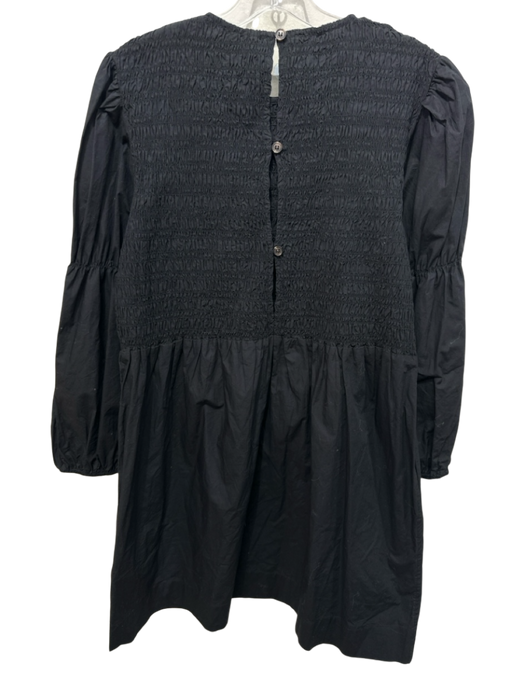 Ganni Size 6 Black Poplin Cotton Long puff sleeve smocked Back button Dress Black / 6