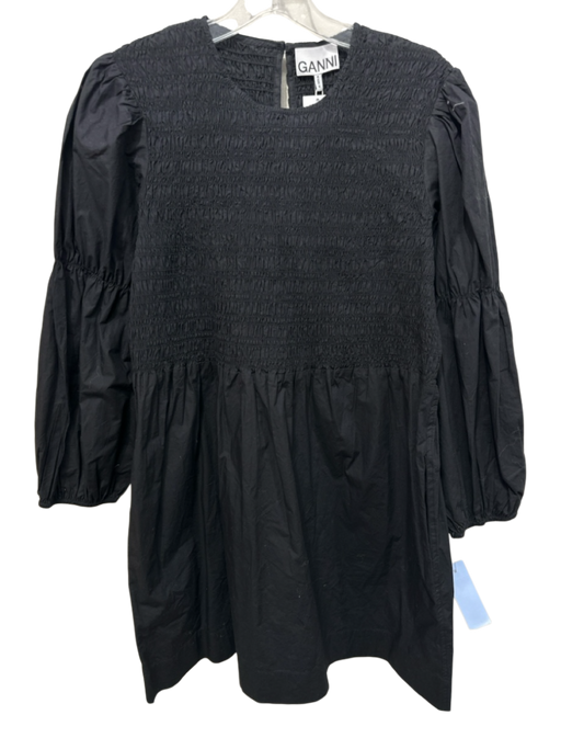 Ganni Size 6 Black Poplin Cotton Long puff sleeve smocked Back button Dress Black / 6