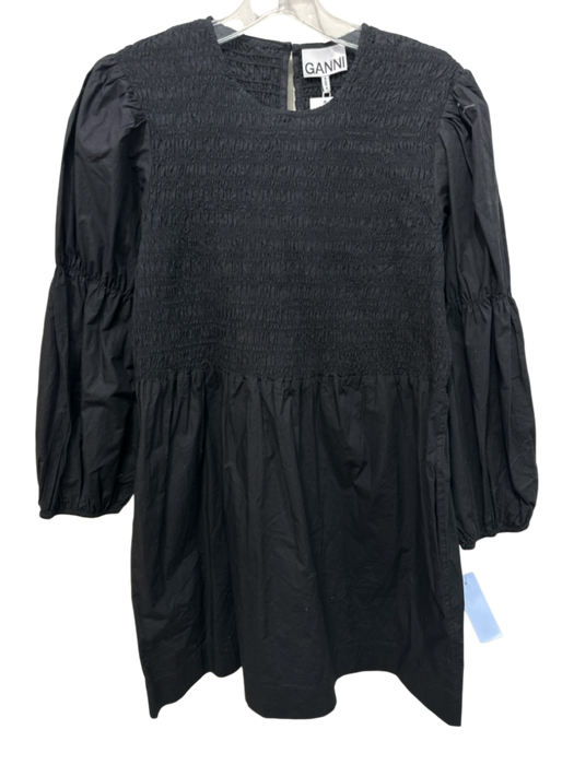 Ganni Size 6 Black Poplin Cotton Long puff sleeve smocked Back button Dress Black / 6