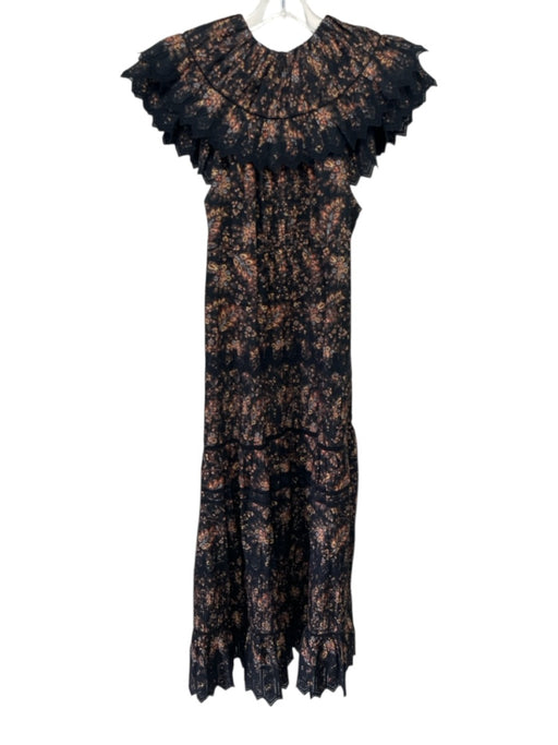 Ulla Johnson Size 8 Black, Brown & Blue Cotton Cap Sleeve Floral Lace Trim Dress Black, Brown & Blue / 8