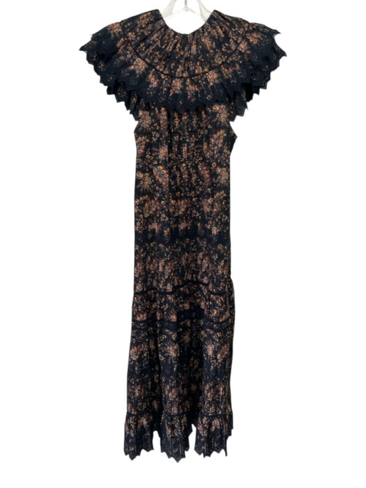 Ulla Johnson Size 8 Black, Brown & Blue Cotton Cap Sleeve Floral Lace Trim Dress Black, Brown & Blue / 8