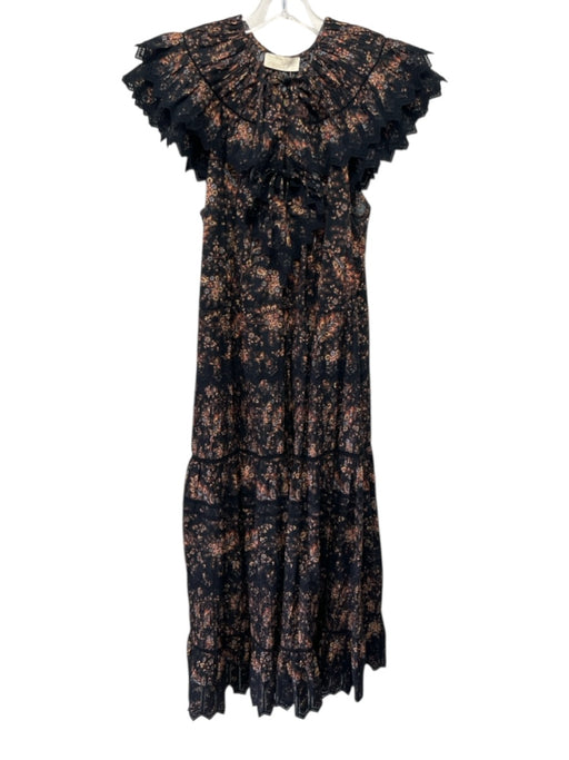 Ulla Johnson Size 8 Black, Brown & Blue Cotton Cap Sleeve Floral Lace Trim Dress Black, Brown & Blue / 8