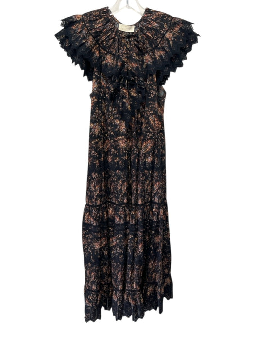 Ulla Johnson Size 8 Black, Brown & Blue Cotton Cap Sleeve Floral Lace Trim Dress Black, Brown & Blue / 8