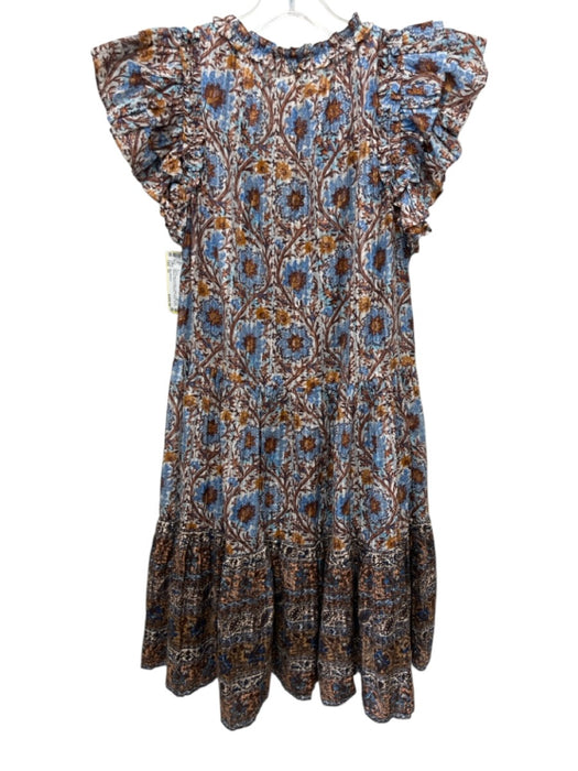 Ulla Johnson Size 10 Blue, Brown & white Cotton Ruffle Cap Sleeve V Neck Dress Blue, Brown & white / 10