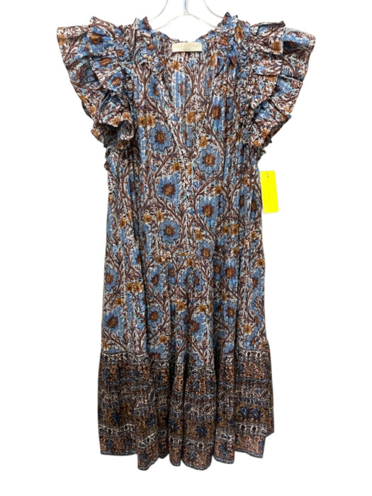 Ulla Johnson Size 10 Blue, Brown & white Cotton Ruffle Cap Sleeve V Neck Dress Blue, Brown & white / 10