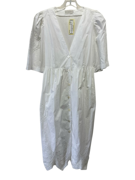 Rhode Size M White Cotton 1/2 Sleeve Mother of Pearl Buttons V Neck Maxi Dress White / M