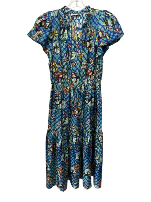 Ulla Johnson Size 8 blue, orange & purple Silk Short Puff Sleeve Midi Dress blue, orange & purple / 8