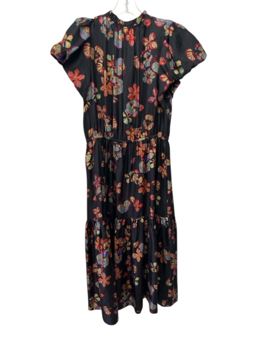 Ulla Johnson Size 8 Black, Red & Orange Silk Short Puff Sleeve Midi Dress Black, Red & Orange / 8