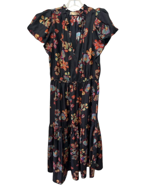 Ulla Johnson Size 8 Black, Red & Orange Silk Short Puff Sleeve Midi Dress Black, Red & Orange / 8