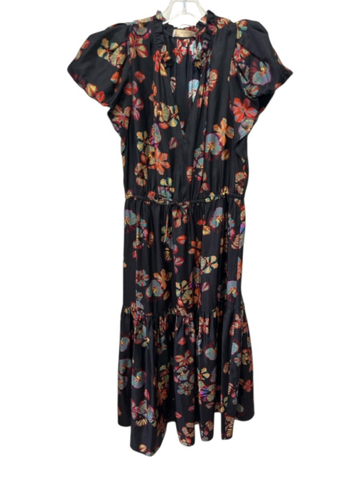 Ulla Johnson Size 8 Black, Red & Orange Silk Short Puff Sleeve Midi Dress Black, Red & Orange / 8
