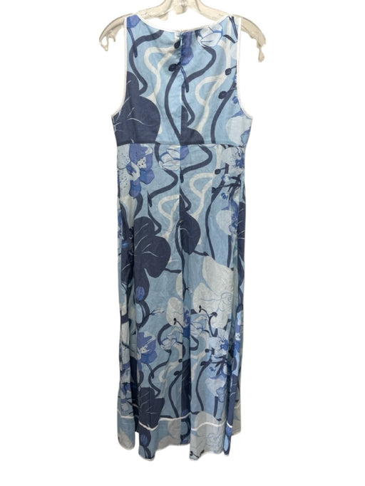SABO Size L Light Blue, Navy & White Linen Square Neck Sleeveless Floral Dress Light Blue, Navy & White / L
