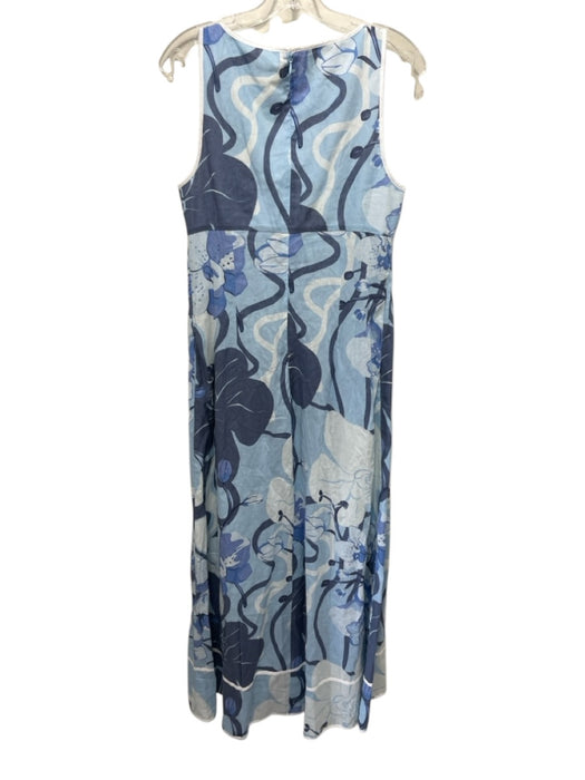 SABO Size L Light Blue, Navy & White Linen Square Neck Sleeveless Floral Dress Light Blue, Navy & White / L