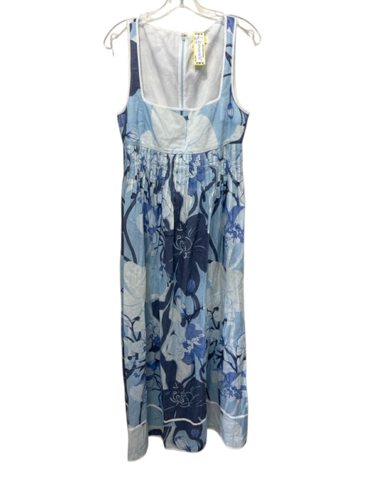 SABO Size L Light Blue, Navy & White Linen Square Neck Sleeveless Floral Dress Light Blue, Navy & White / L