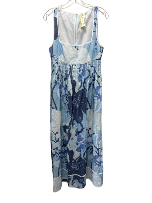 SABO Size L Light Blue, Navy & White Linen Square Neck Sleeveless Floral Dress Light Blue, Navy & White / L