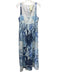 SABO Size L Light Blue, Navy & White Linen Square Neck Sleeveless Floral Dress Light Blue, Navy & White / L