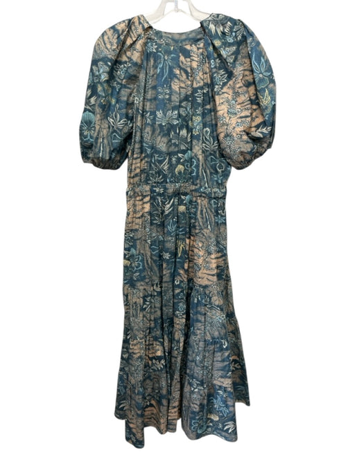 Ulla Johnson Size 8 Teal, Peach & Blue Cotton Short Balloon Sleeve Floral Dress Teal, Peach & Blue / 8