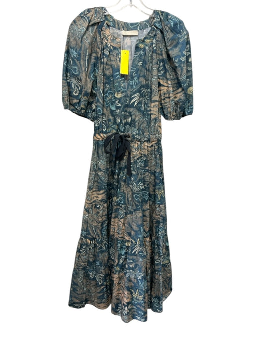 Ulla Johnson Size 8 Teal, Peach & Blue Cotton Short Balloon Sleeve Floral Dress Teal, Peach & Blue / 8