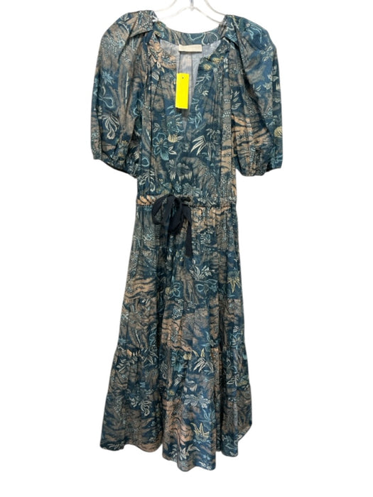 Ulla Johnson Size 8 Teal, Peach & Blue Cotton Short Balloon Sleeve Floral Dress Teal, Peach & Blue / 8