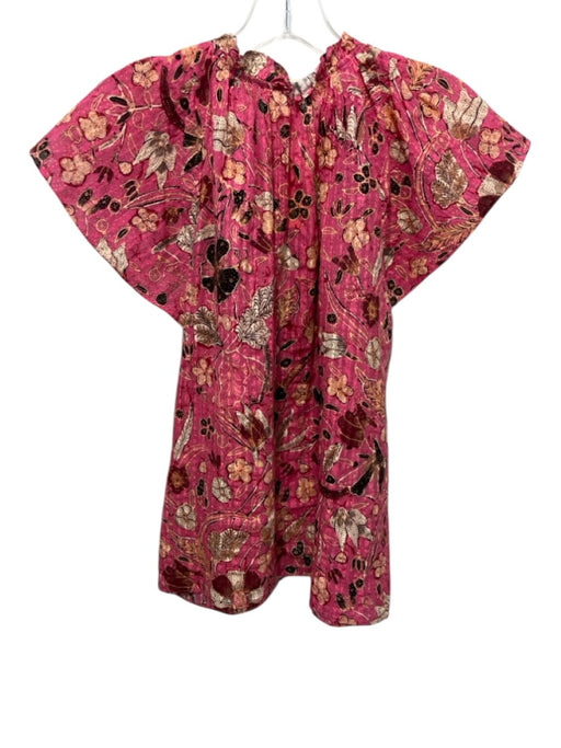 Ulla Johnson Size 8 Pink, Black & Beige Cotton Short Sleeve Floral V Neck Top Pink, Black & Beige / 8