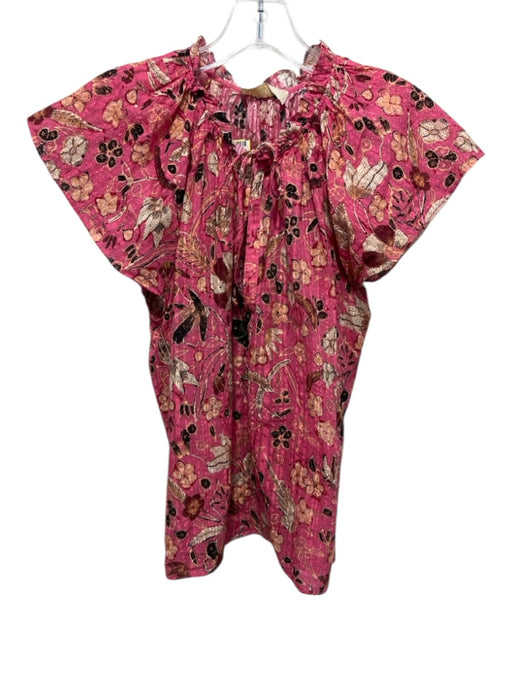 Ulla Johnson Size 8 Pink, Black & Beige Cotton Short Sleeve Floral V Neck Top Pink, Black & Beige / 8