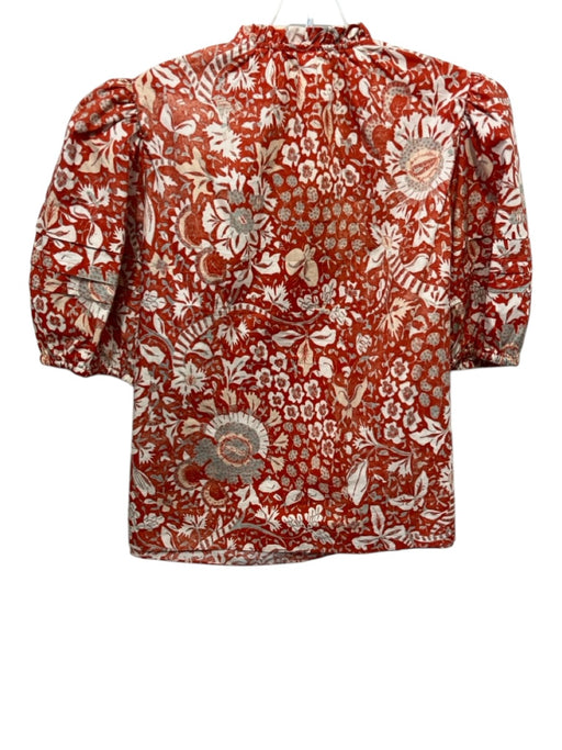Ulla Johnson Size 8 Orange, White & Beige Cotton Short Balloon Sleeve Floral Top Orange, White & Beige / 8