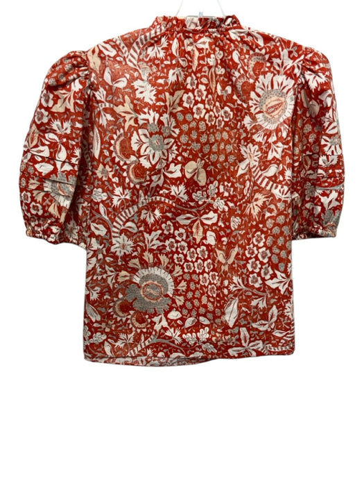 Ulla Johnson Size 8 Orange, White & Beige Cotton Short Balloon Sleeve Floral Top Orange, White & Beige / 8