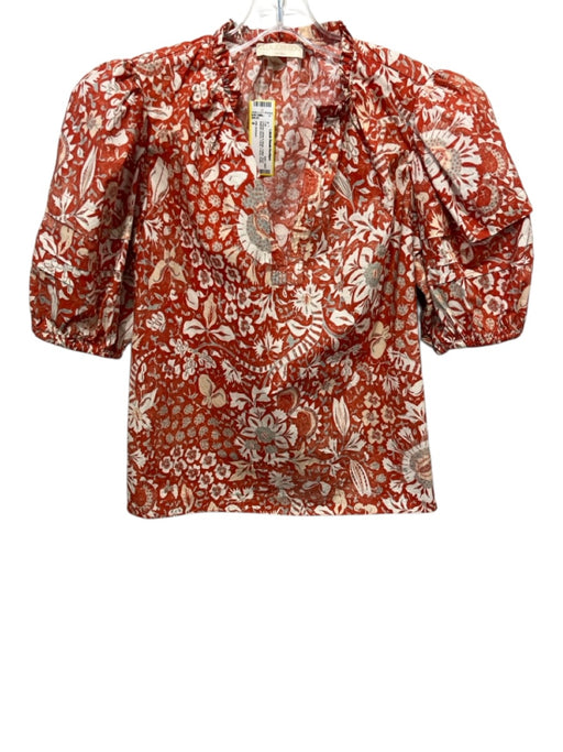 Ulla Johnson Size 8 Orange, White & Beige Cotton Short Balloon Sleeve Floral Top Orange, White & Beige / 8