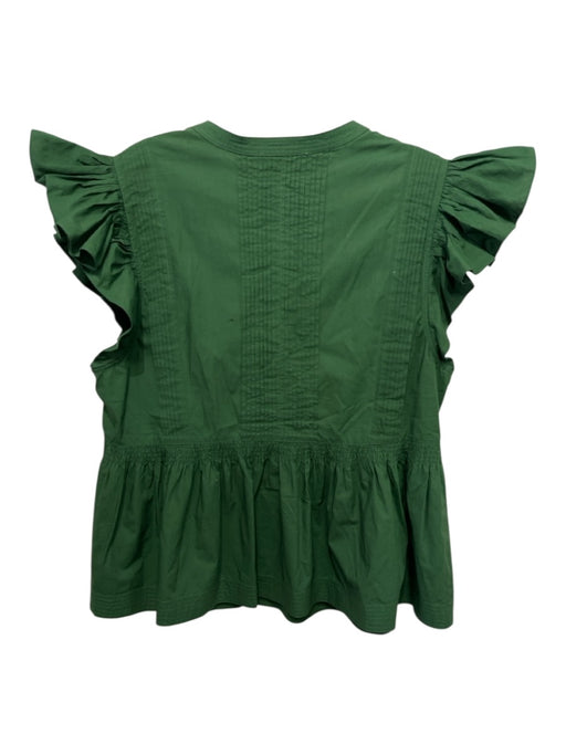 Ulla Johnson Size 10 Green Cotton Short Ruffle Sleeve V Neck Pleated Peplum Top Green / 10