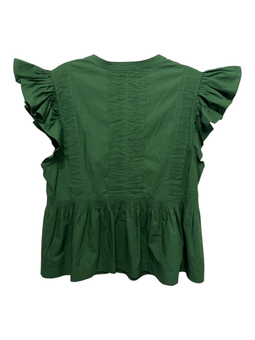 Ulla Johnson Size 10 Green Cotton Short Ruffle Sleeve V Neck Pleated Peplum Top Green / 10