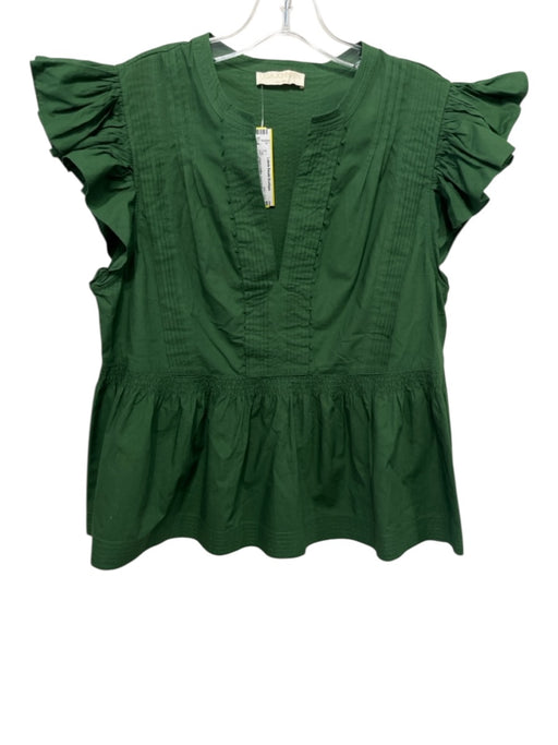 Ulla Johnson Size 10 Green Cotton Short Ruffle Sleeve V Neck Pleated Peplum Top Green / 10