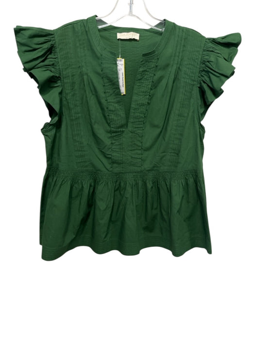 Ulla Johnson Size 10 Green Cotton Short Ruffle Sleeve V Neck Pleated Peplum Top Green / 10