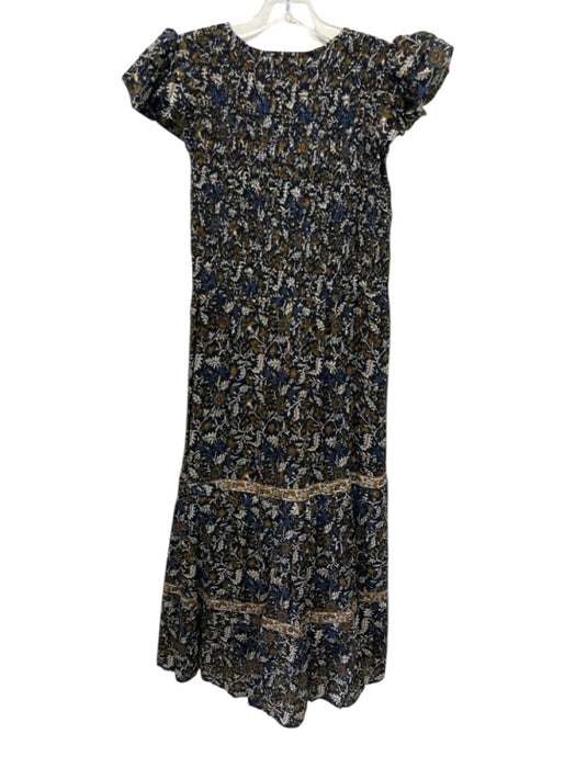Sea New York Size 8 Black, Gold & Blue Viscose Blend Ruffle Cap Sleeve Dress Black, Gold & Blue / 8