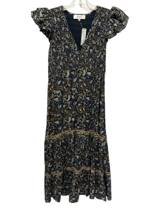 Sea New York Size 8 Black, Gold & Blue Viscose Blend Ruffle Cap Sleeve Dress Black, Gold & Blue / 8