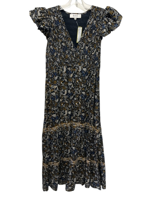 Sea New York Size 8 Black, Gold & Blue Viscose Blend Ruffle Cap Sleeve Dress Black, Gold & Blue / 8