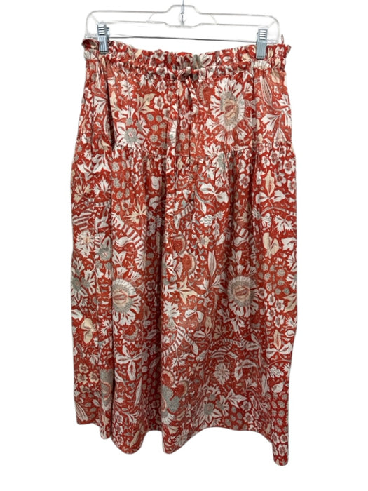 Ulla Johnson Size 8 Orange & cream Cotton Paperbag Waist Drawstring Floral Skirt Orange & cream / 8